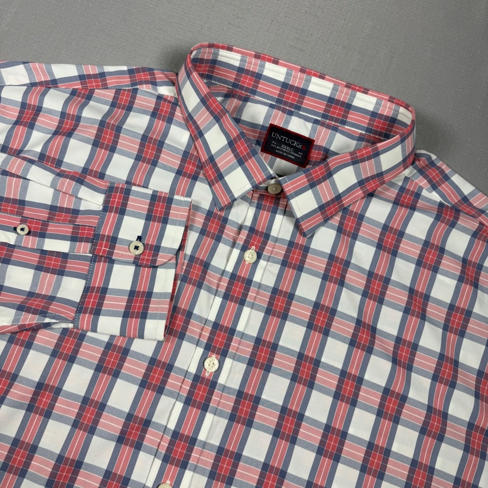 UNTUCKit Mens 3XLC Red White Blue Plaid Performance Nylon Spandex Shirt Long Slv
